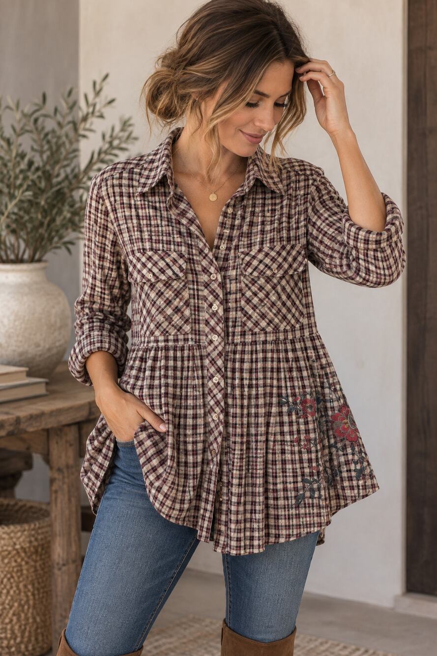 Johnny Was 3J Workshop Plaid Peplum Flannel Tunic Medium Embroidered Boho